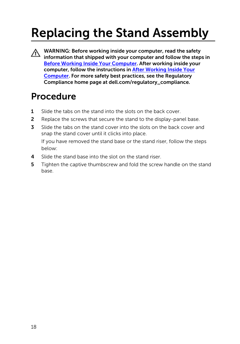 Replacing the stand assembly, Procedure | Dell Inspiron 20 (3045, Early 2014) User Manual | Page 18 / 80