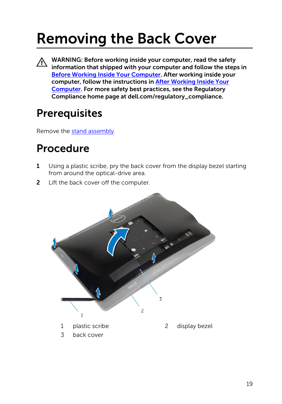 Removing the back cover, Prerequisites, Procedure | Dell Inspiron 20 (3045, Early 2014) User Manual | Page 19 / 80