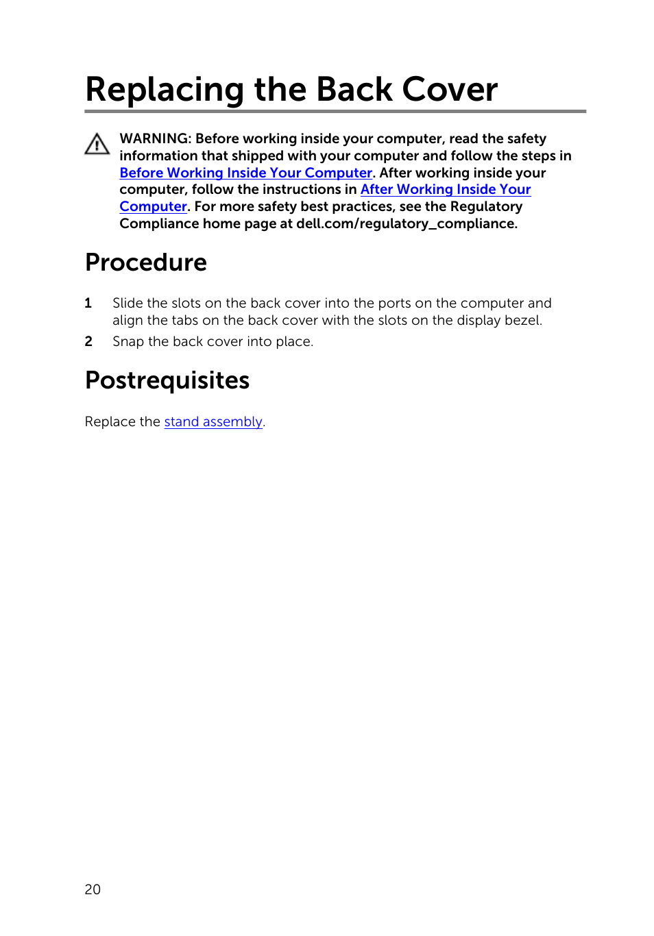 Replacing the back cover, Procedure, Postrequisites | Dell Inspiron 20 (3045, Early 2014) User Manual | Page 20 / 80