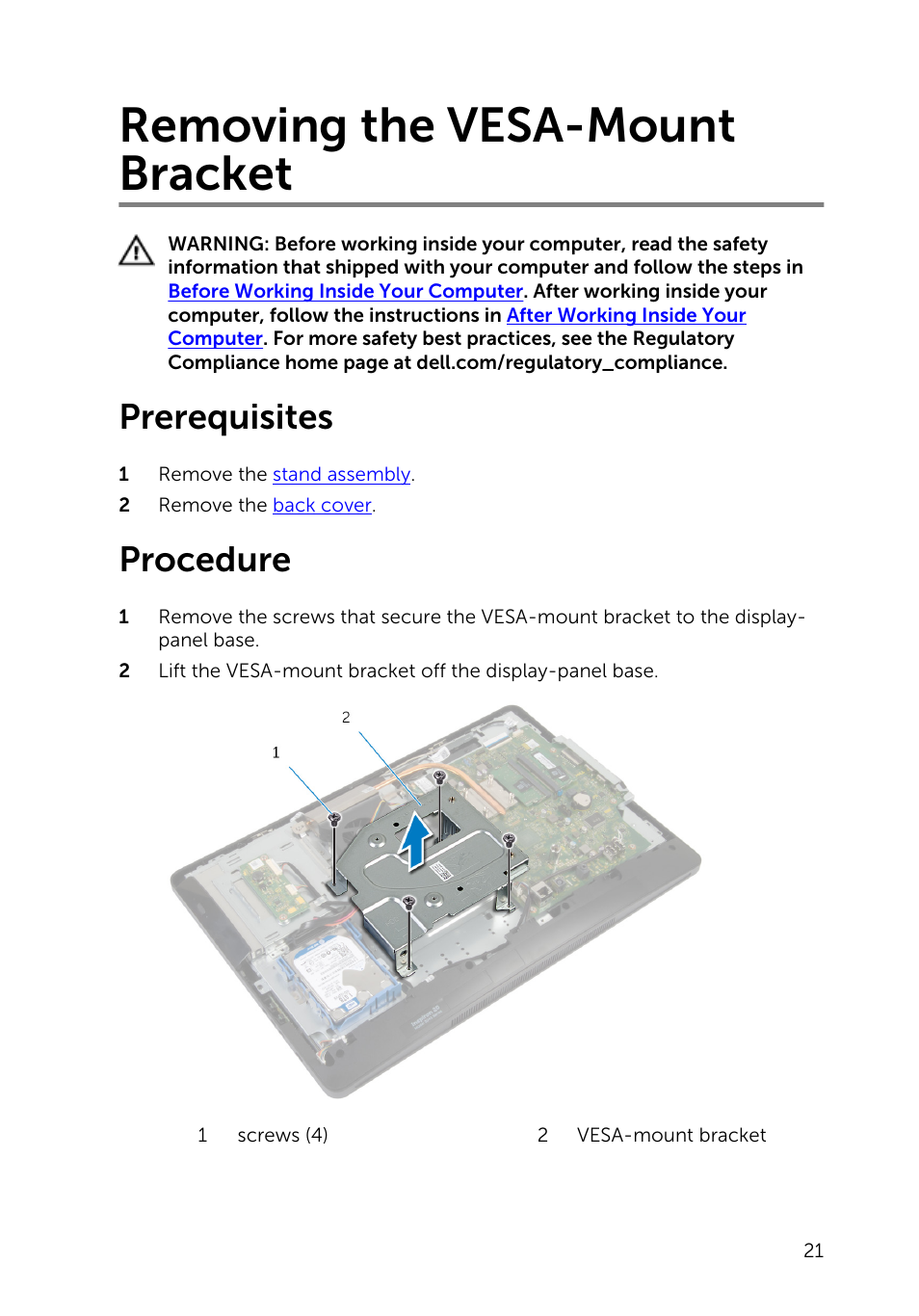 Removing the vesa-mount bracket, Prerequisites, Procedure | Dell Inspiron 20 (3045, Early 2014) User Manual | Page 21 / 80