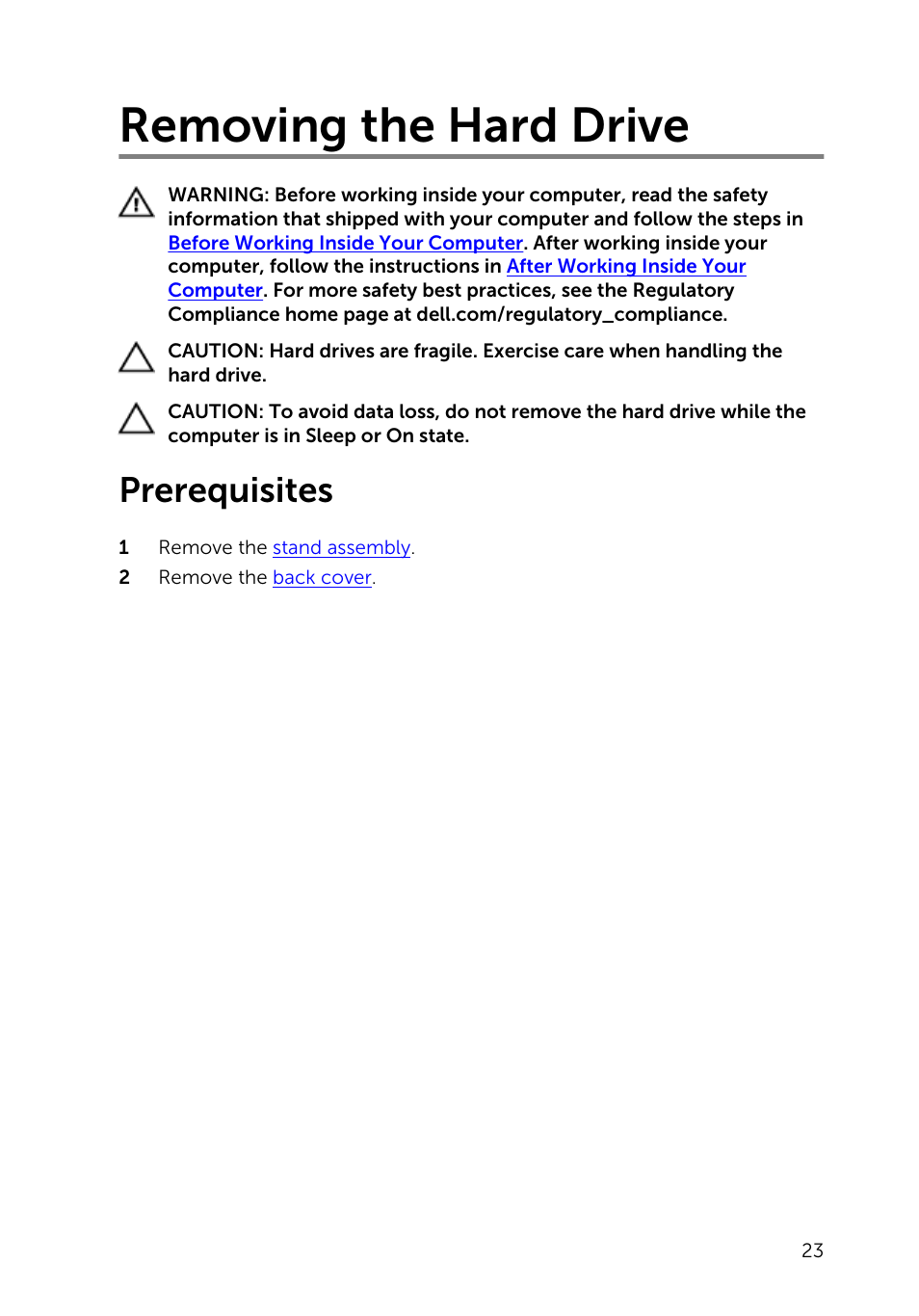 Removing the hard drive, Prerequisites | Dell Inspiron 20 (3045, Early 2014) User Manual | Page 23 / 80