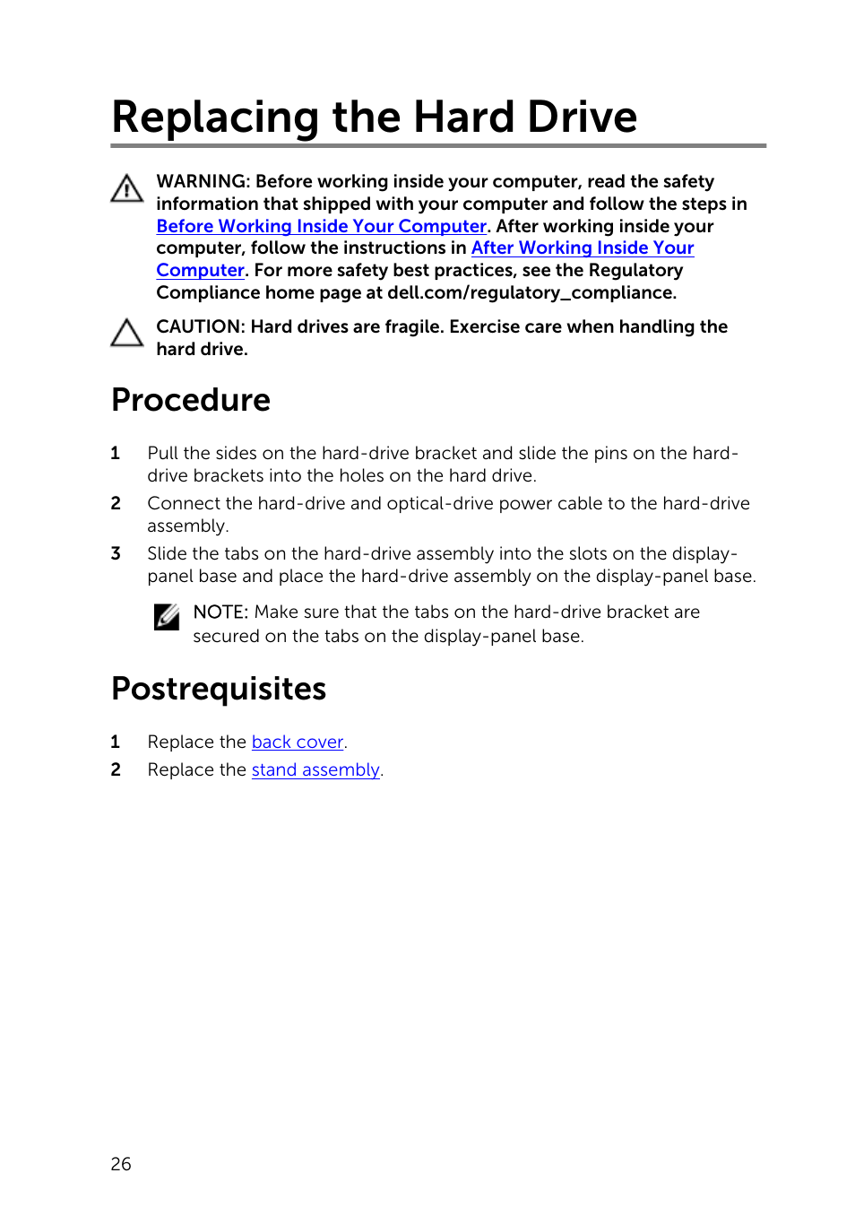 Replacing the hard drive, Procedure, Postrequisites | Dell Inspiron 20 (3045, Early 2014) User Manual | Page 26 / 80
