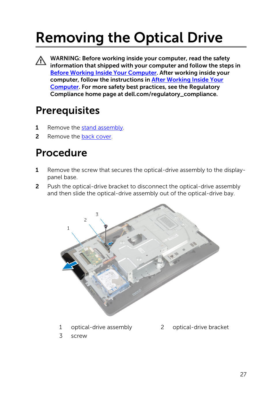 Removing the optical drive, Prerequisites, Procedure | Dell Inspiron 20 (3045, Early 2014) User Manual | Page 27 / 80