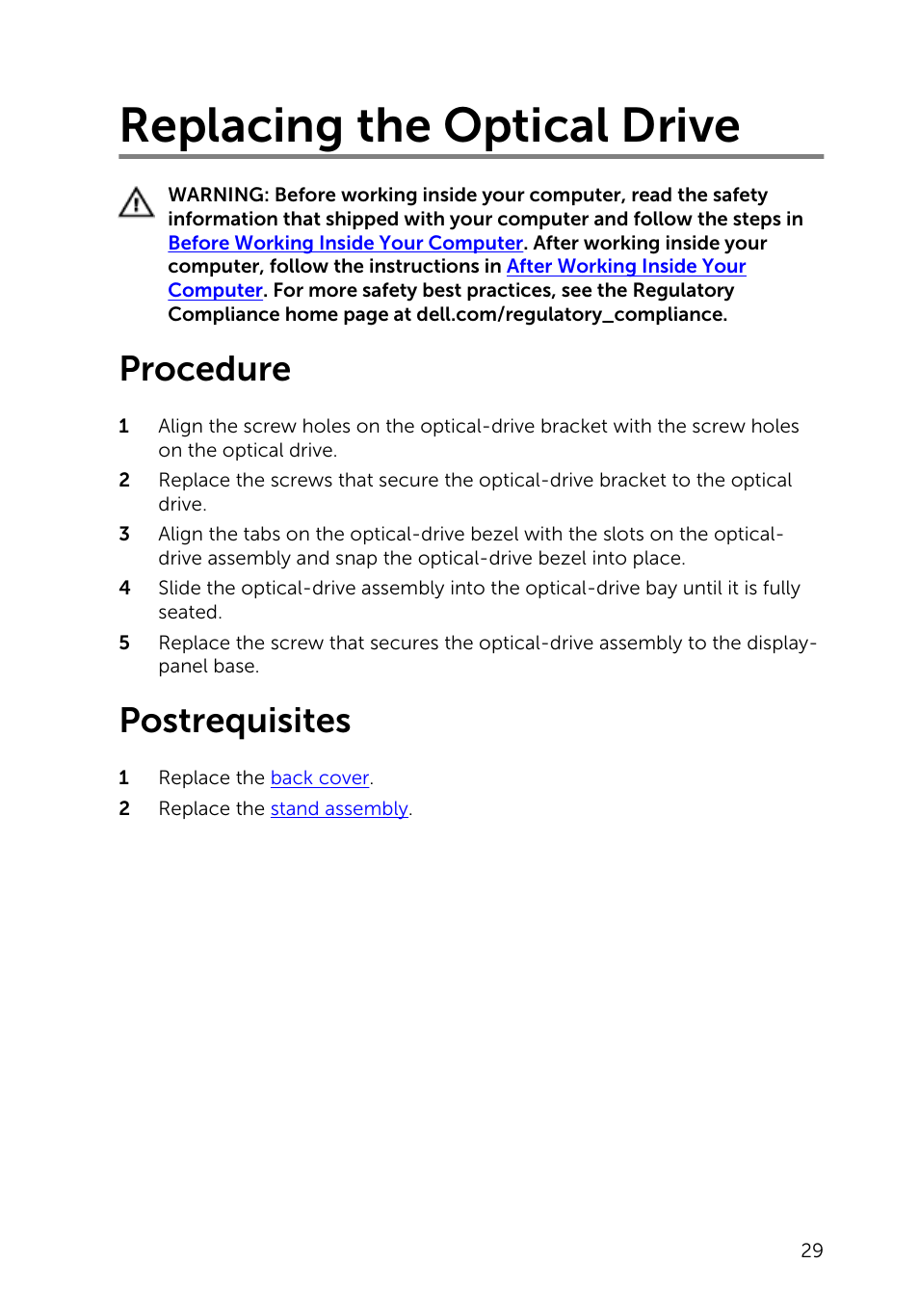 Replacing the optical drive, Procedure, Postrequisites | Dell Inspiron 20 (3045, Early 2014) User Manual | Page 29 / 80
