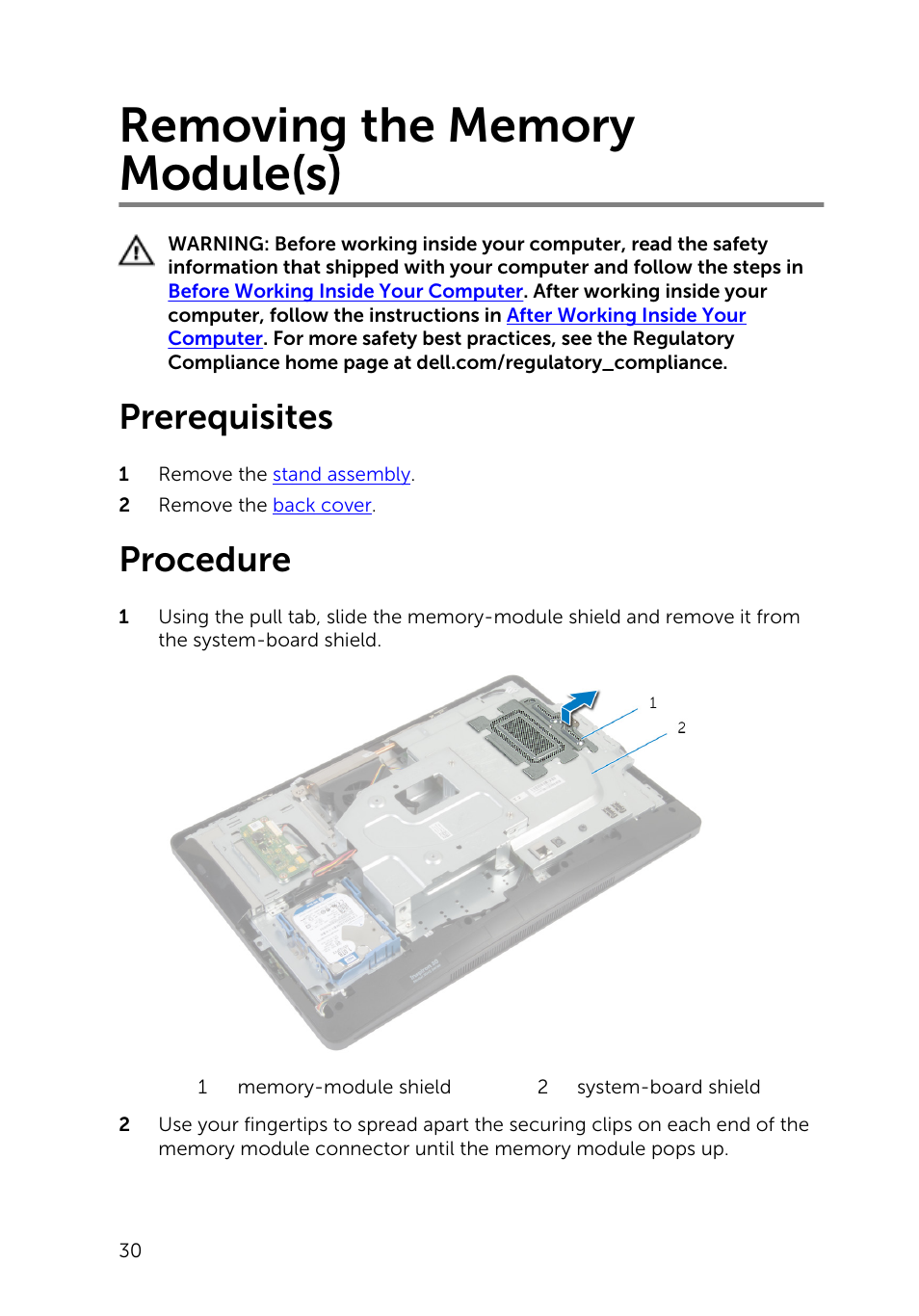 Removing the memory module(s), Prerequisites, Procedure | Dell Inspiron 20 (3045, Early 2014) User Manual | Page 30 / 80