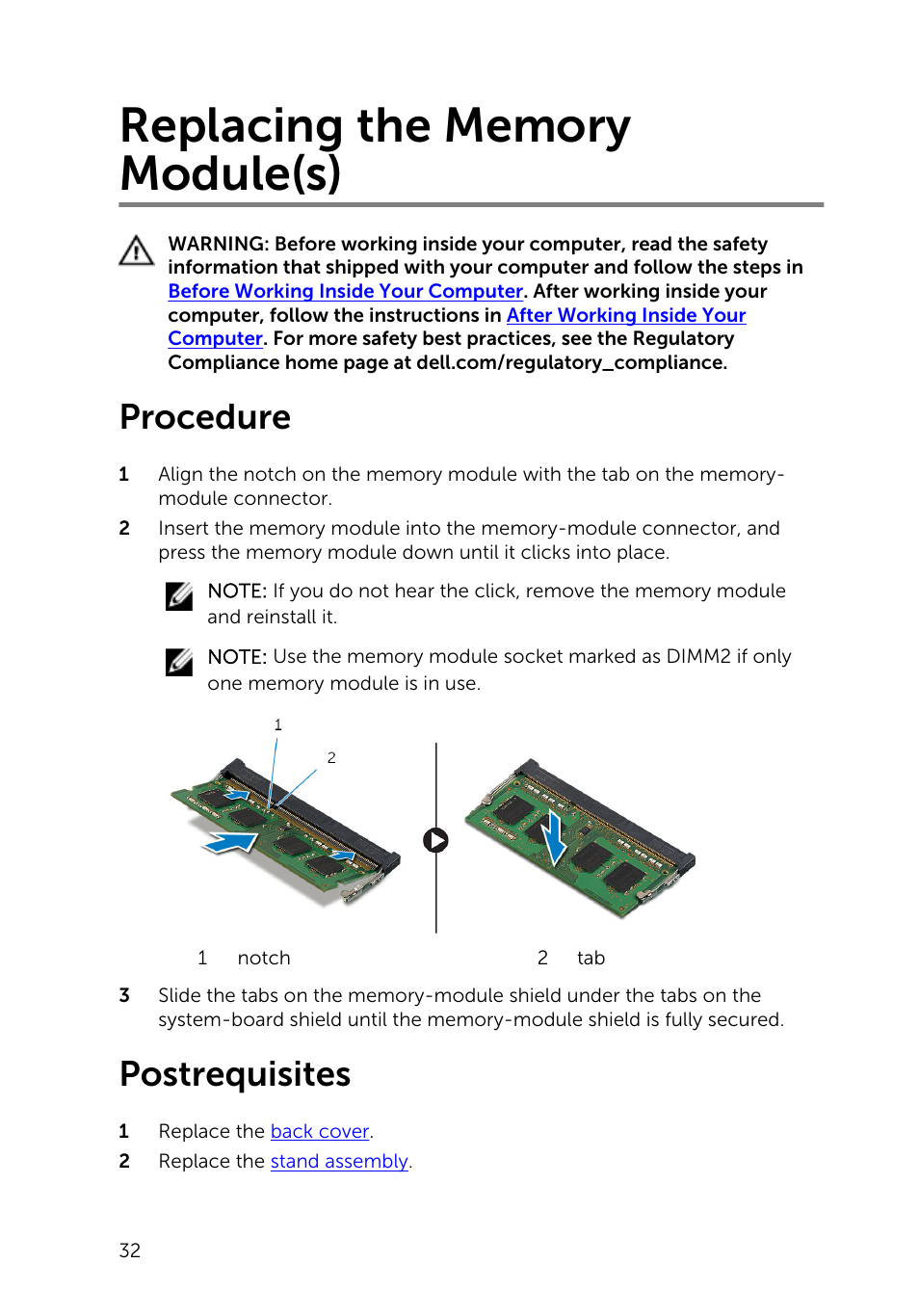 Replacing the memory module(s), Procedure, Postrequisites | Dell Inspiron 20 (3045, Early 2014) User Manual | Page 32 / 80
