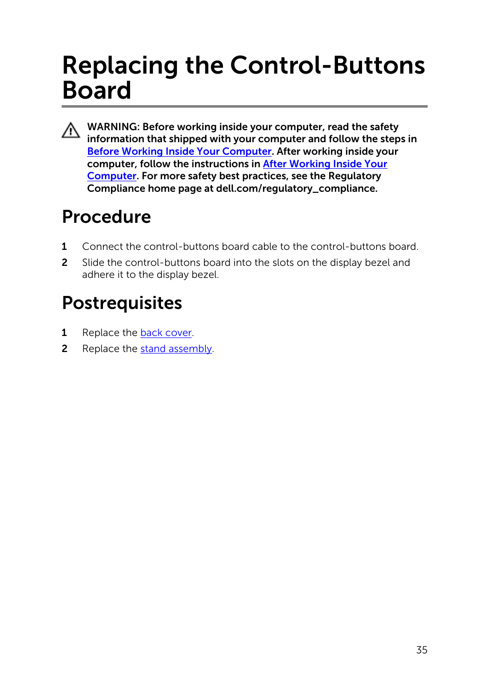 Replacing the control-buttons board, Procedure, Postrequisites | Dell Inspiron 20 (3045, Early 2014) User Manual | Page 35 / 80