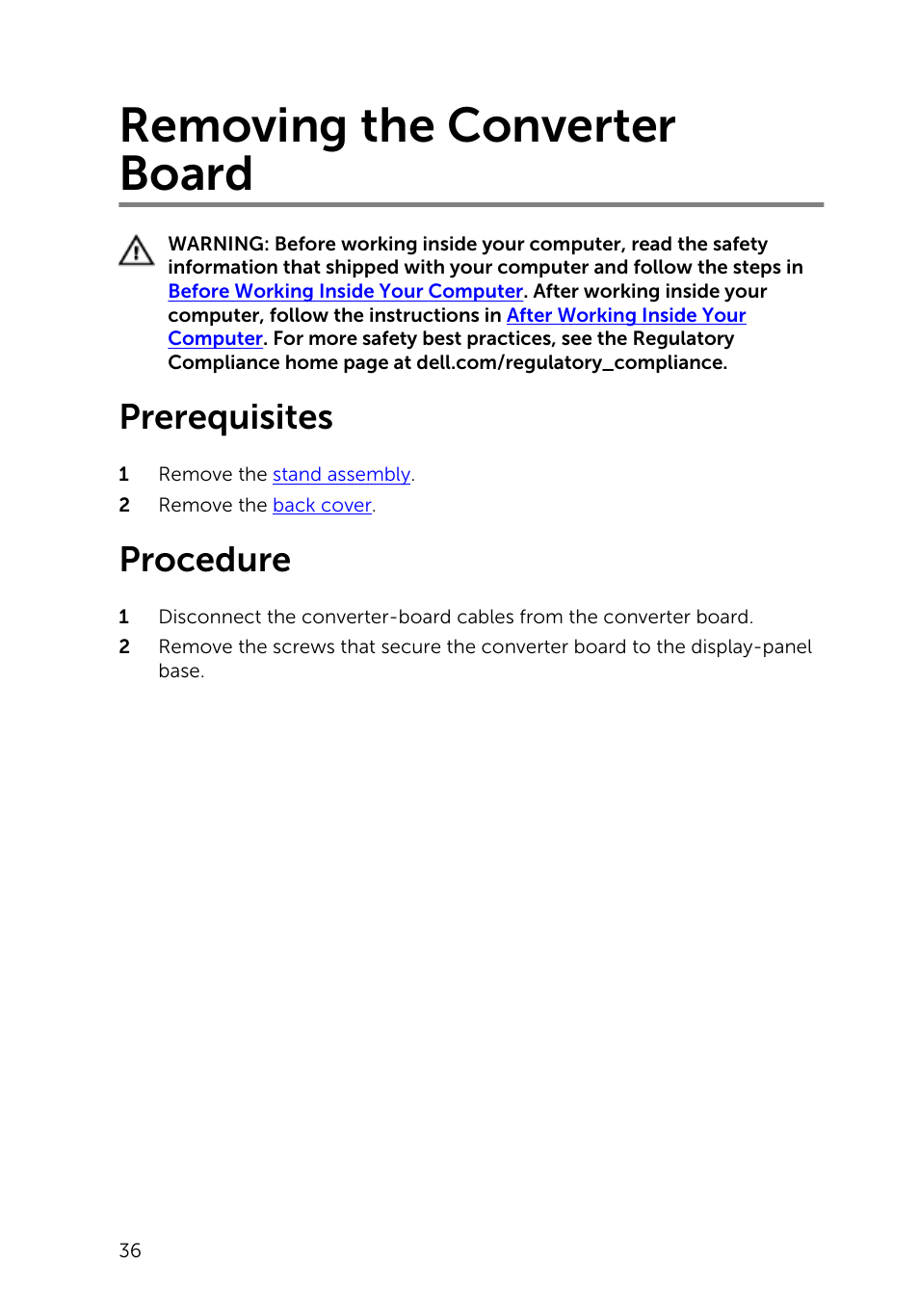 Removing the converter board, Prerequisites, Procedure | Dell Inspiron 20 (3045, Early 2014) User Manual | Page 36 / 80