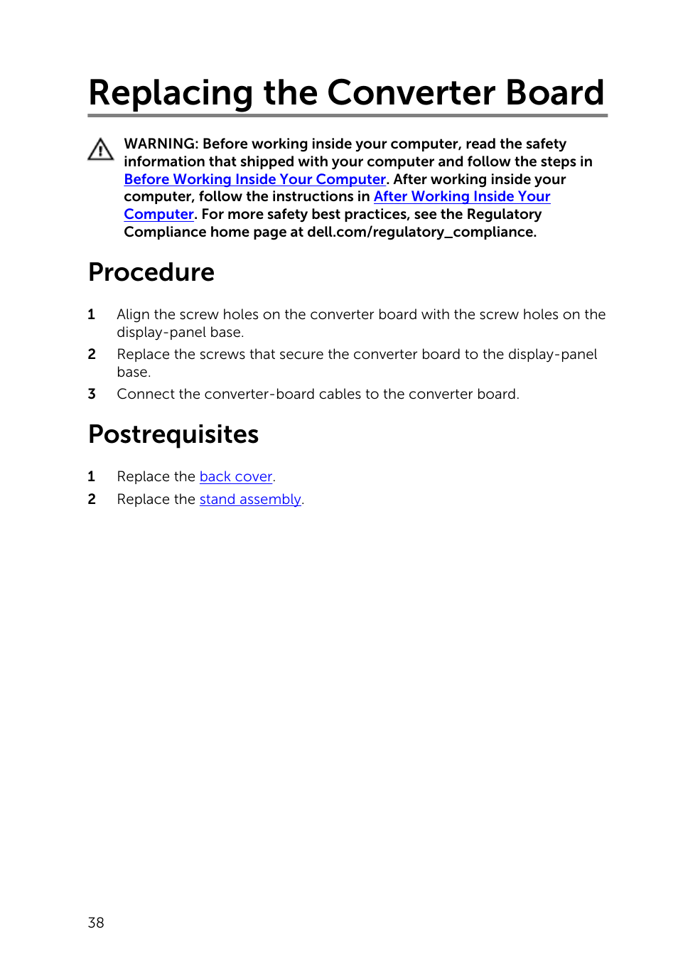 Replacing the converter board, Procedure, Postrequisites | Dell Inspiron 20 (3045, Early 2014) User Manual | Page 38 / 80