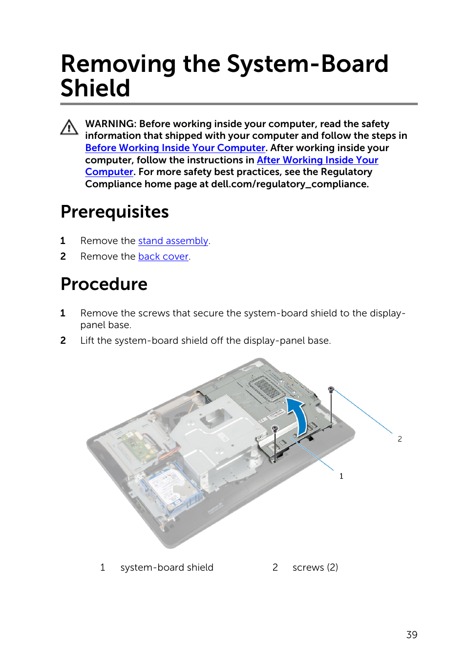Removing the system-board shield, Prerequisites, Procedure | Dell Inspiron 20 (3045, Early 2014) User Manual | Page 39 / 80