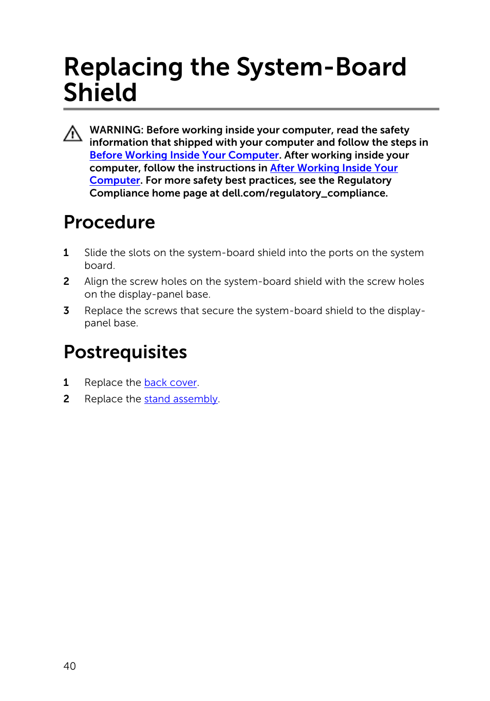 Replacing the system-board shield, Procedure, Postrequisites | Dell Inspiron 20 (3045, Early 2014) User Manual | Page 40 / 80