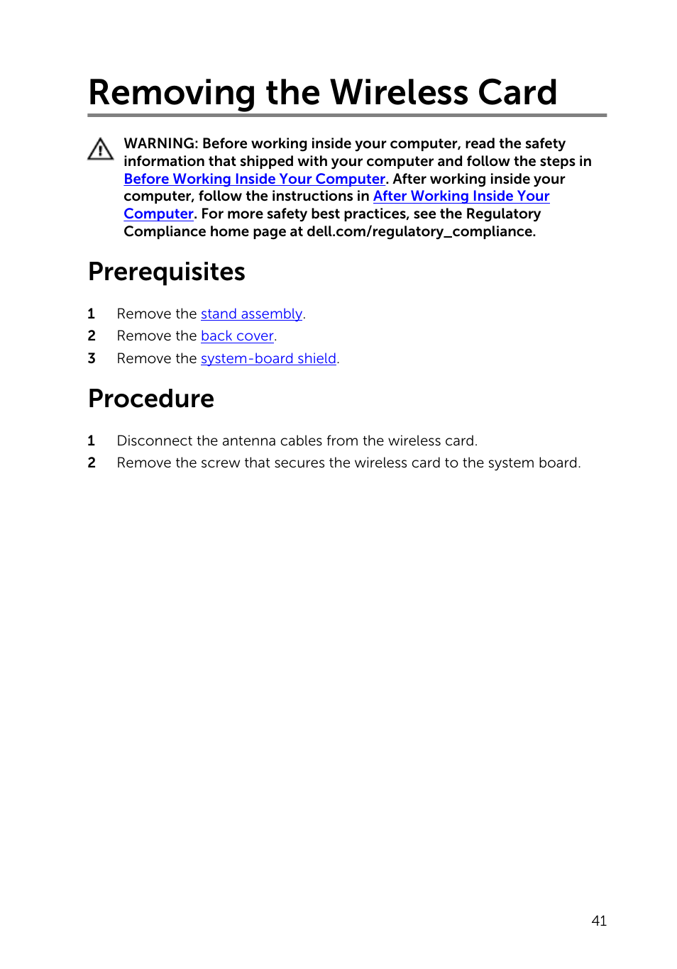 Removing the wireless card, Prerequisites, Procedure | Dell Inspiron 20 (3045, Early 2014) User Manual | Page 41 / 80