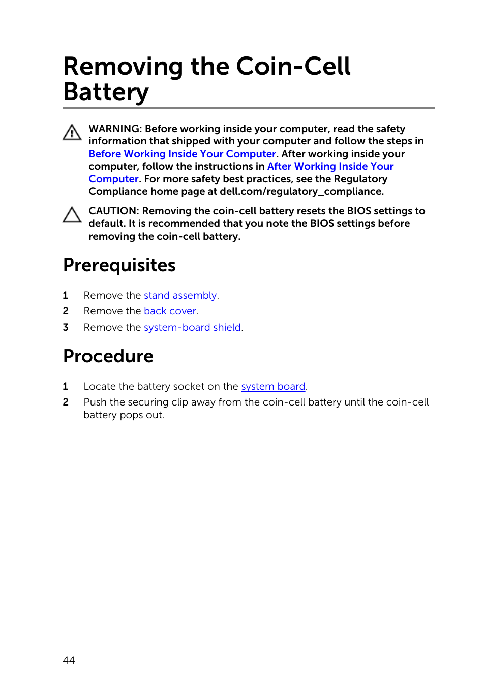 Removing the coin-cell battery, Prerequisites, Procedure | Dell Inspiron 20 (3045, Early 2014) User Manual | Page 44 / 80