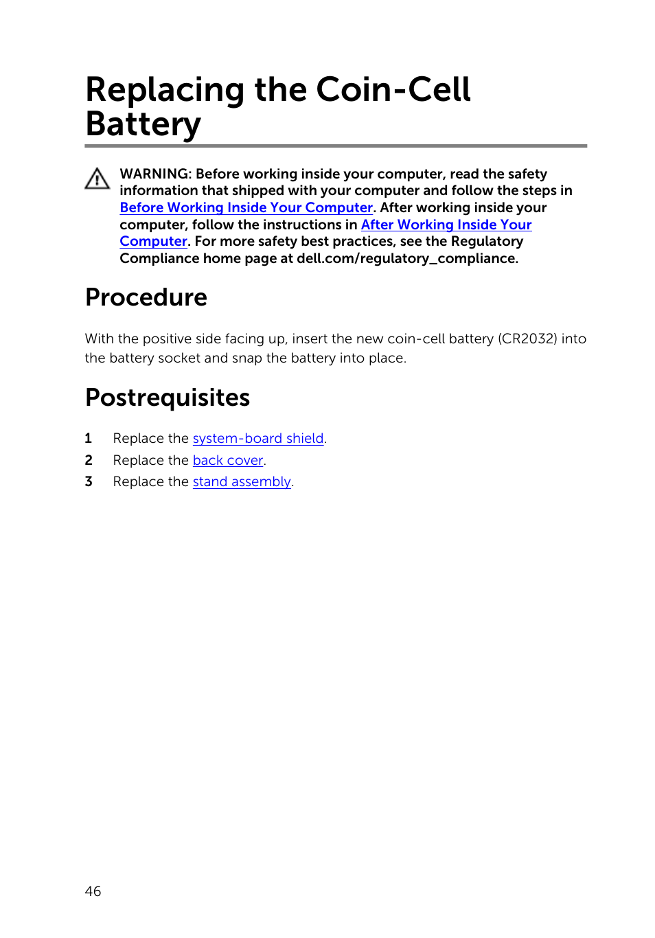 Replacing the coin-cell battery, Procedure, Postrequisites | Dell Inspiron 20 (3045, Early 2014) User Manual | Page 46 / 80