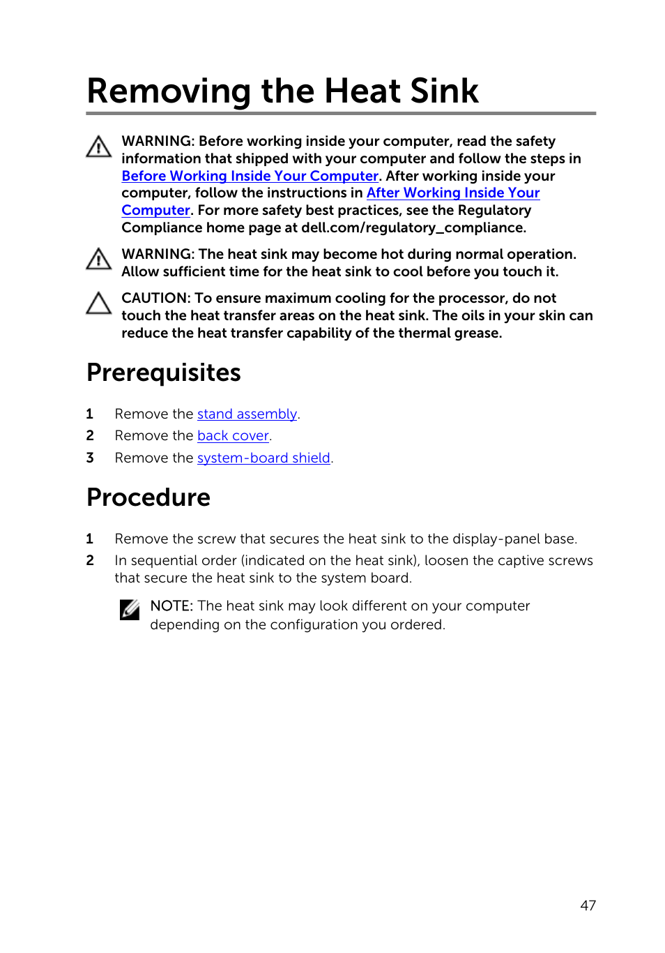 Removing the heat sink, Prerequisites, Procedure | Dell Inspiron 20 (3045, Early 2014) User Manual | Page 47 / 80