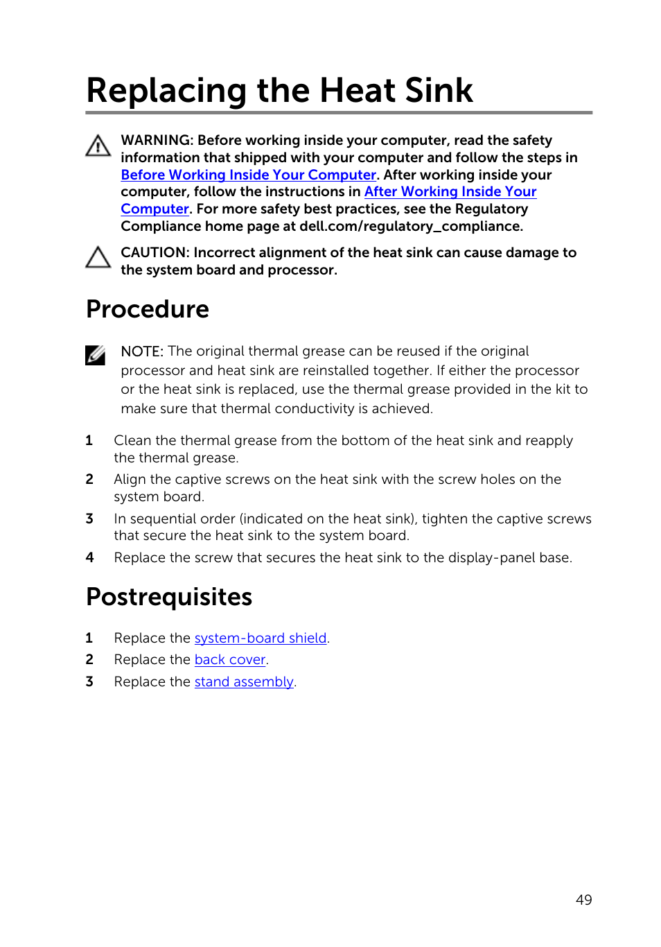 Replacing the heat sink, Procedure, Postrequisites | Dell Inspiron 20 (3045, Early 2014) User Manual | Page 49 / 80