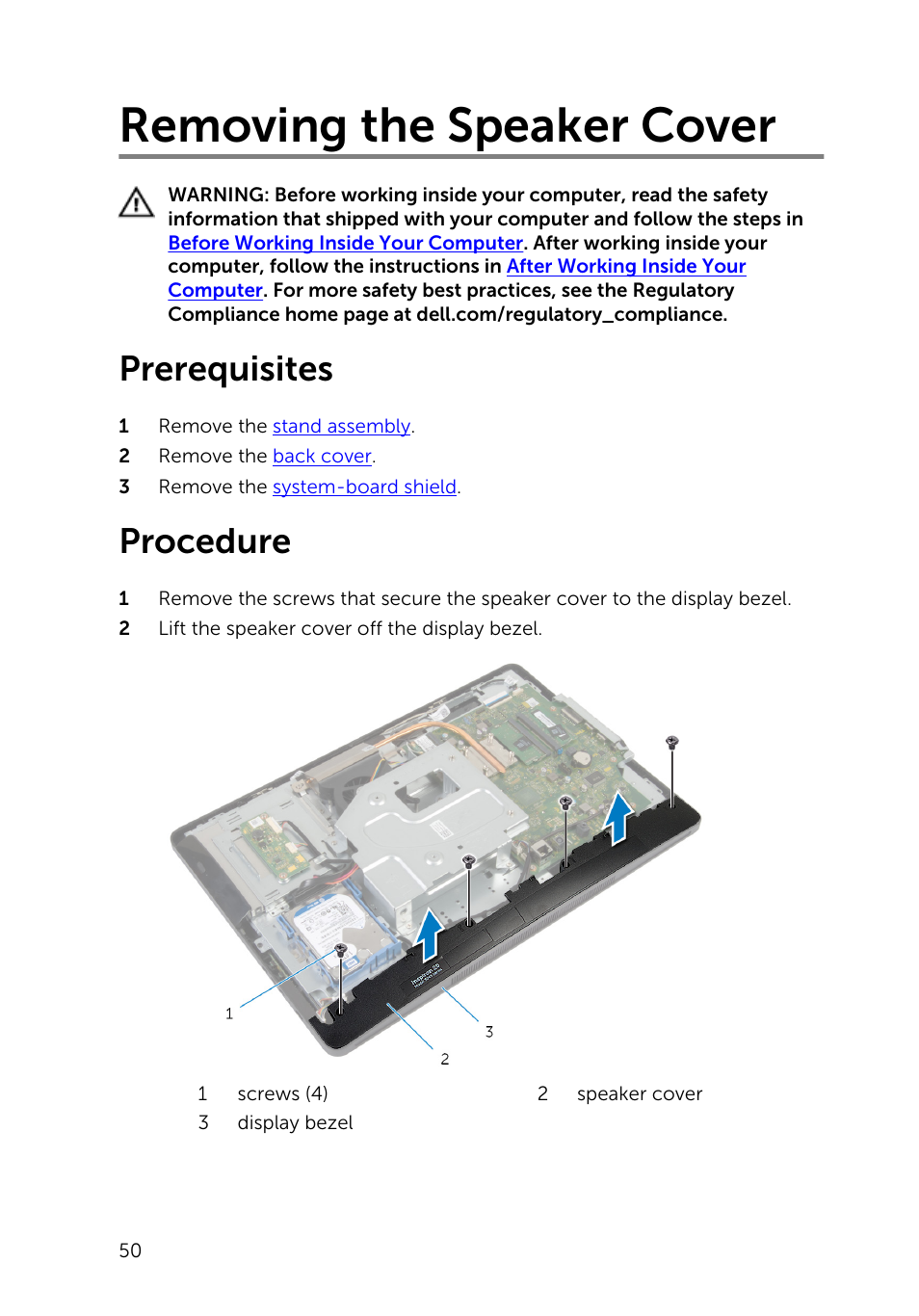 Removing the speaker cover, Prerequisites, Procedure | Dell Inspiron 20 (3045, Early 2014) User Manual | Page 50 / 80