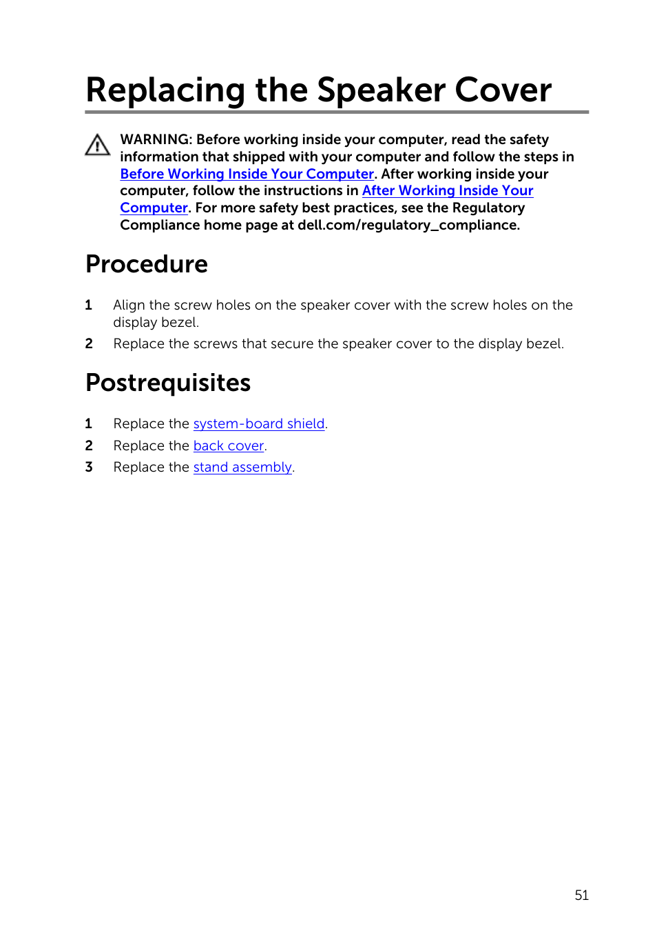 Replacing the speaker cover, Procedure, Postrequisites | Dell Inspiron 20 (3045, Early 2014) User Manual | Page 51 / 80