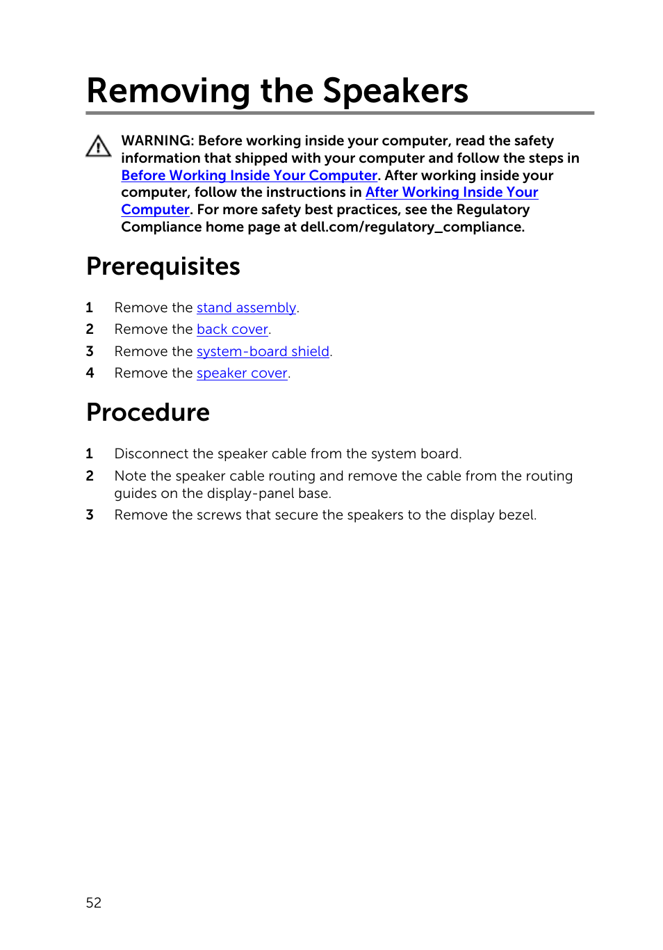 Removing the speakers, Prerequisites, Procedure | Dell Inspiron 20 (3045, Early 2014) User Manual | Page 52 / 80