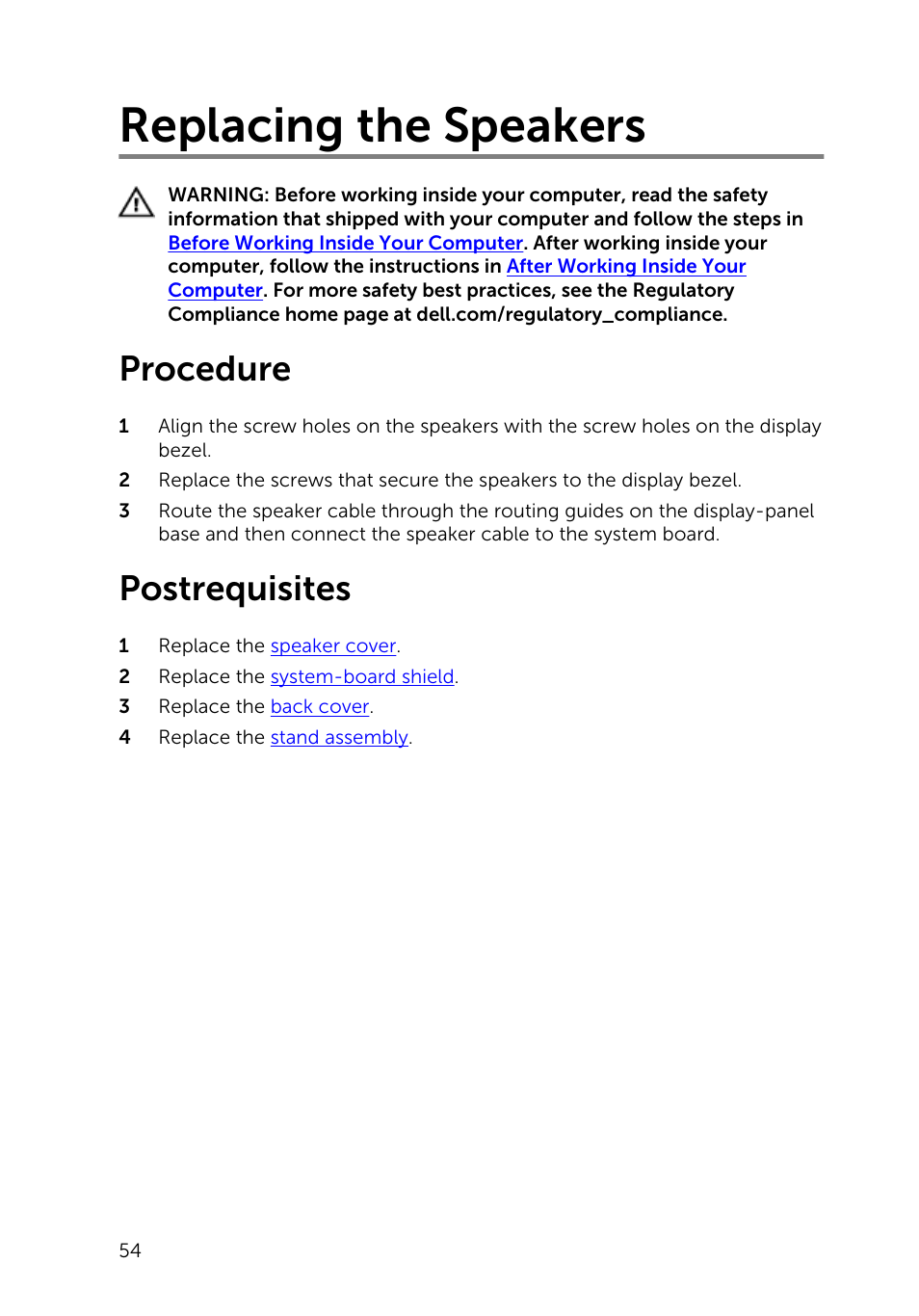 Replacing the speakers, Procedure, Postrequisites | Dell Inspiron 20 (3045, Early 2014) User Manual | Page 54 / 80