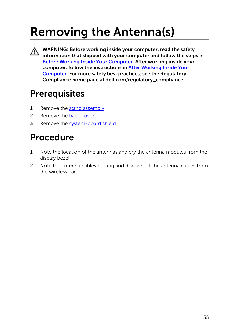 Removing the antenna(s), Prerequisites, Procedure | Dell Inspiron 20 (3045, Early 2014) User Manual | Page 55 / 80