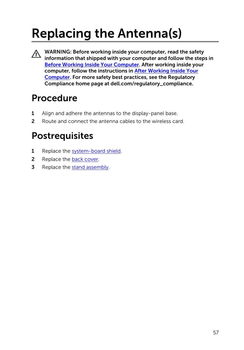 Replacing the antenna(s), Procedure, Postrequisites | Dell Inspiron 20 (3045, Early 2014) User Manual | Page 57 / 80
