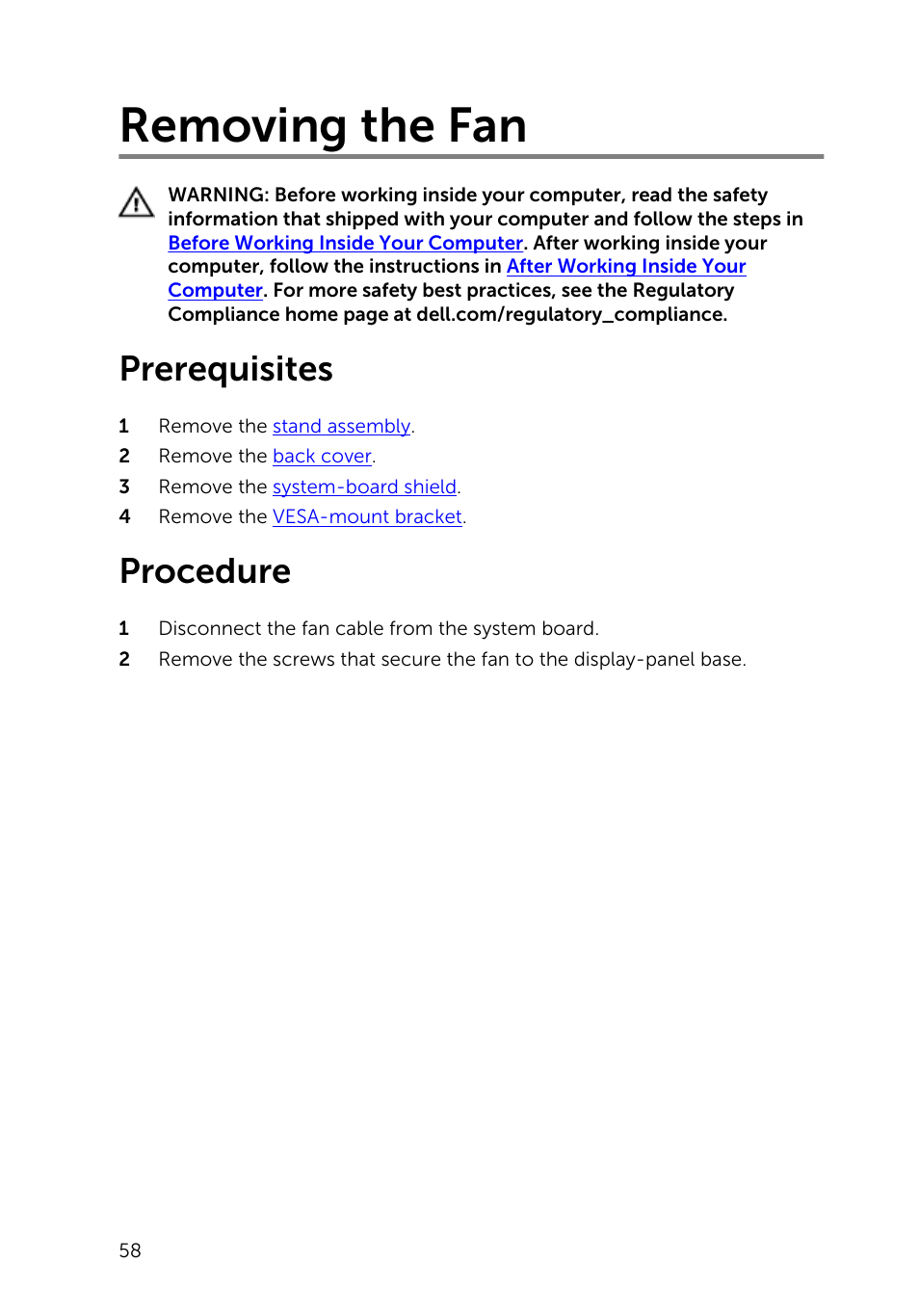 Removing the fan, Prerequisites, Procedure | Dell Inspiron 20 (3045, Early 2014) User Manual | Page 58 / 80