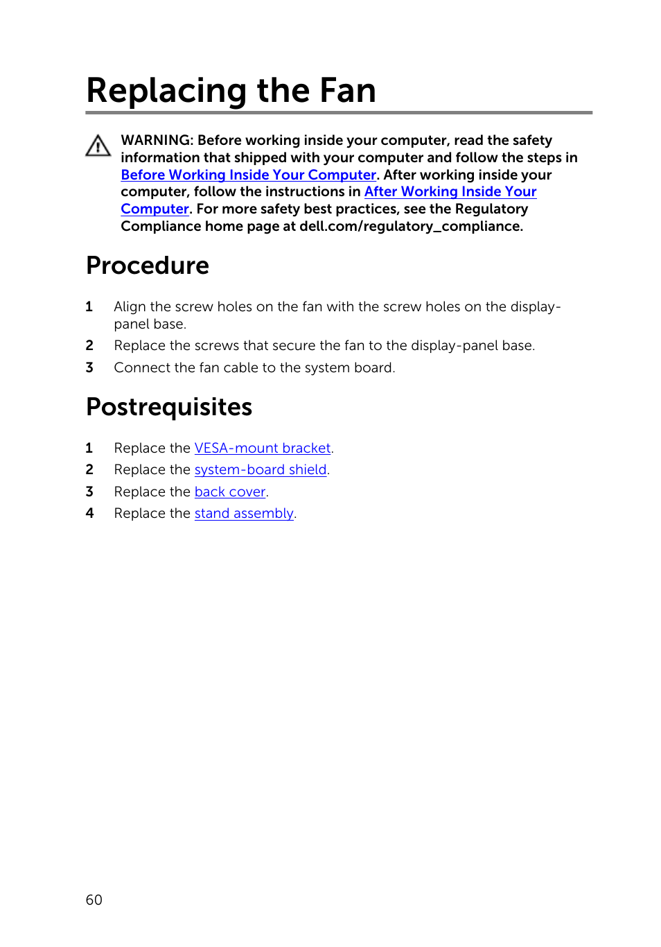 Replacing the fan, Procedure, Postrequisites | Dell Inspiron 20 (3045, Early 2014) User Manual | Page 60 / 80