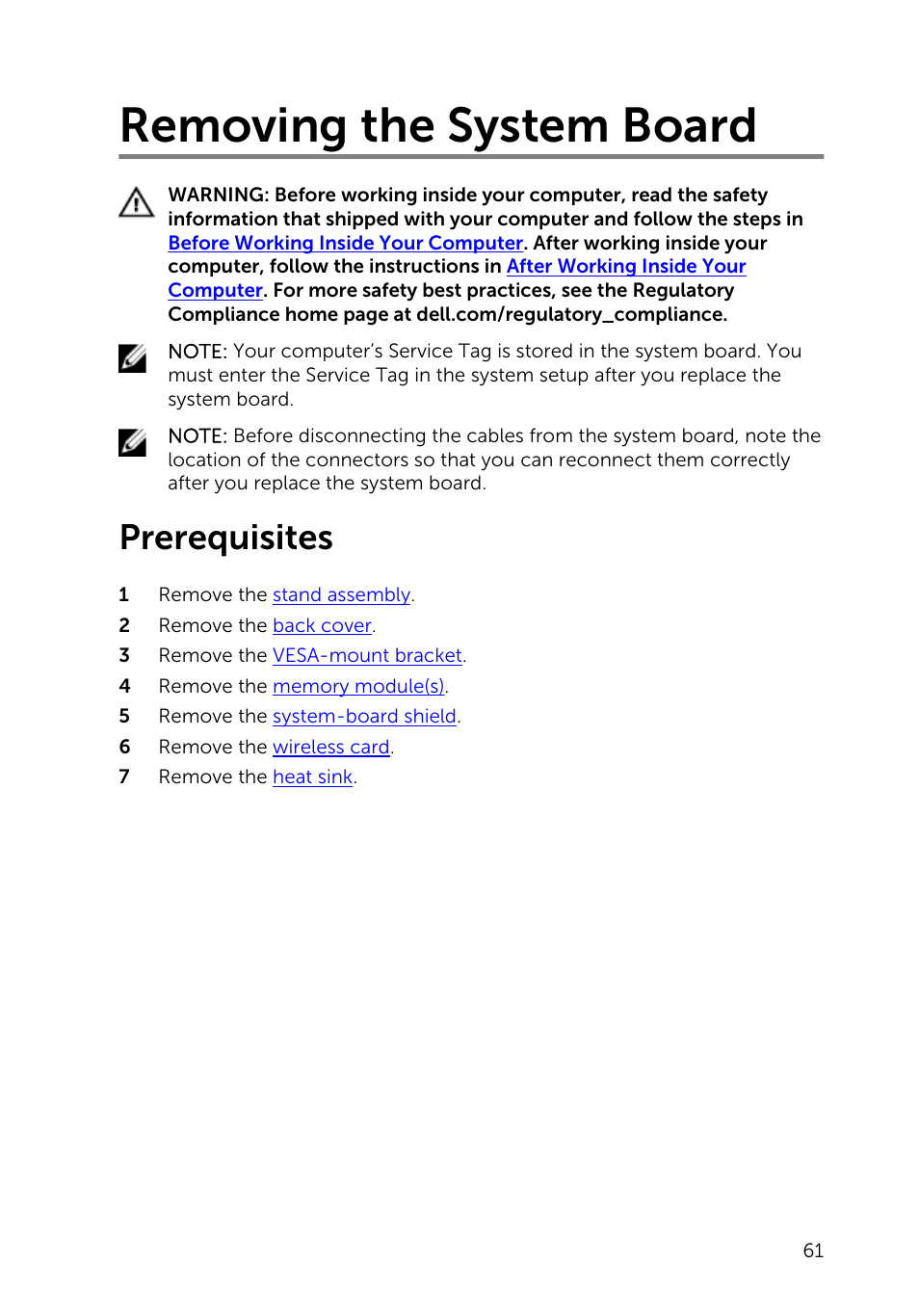 Removing the system board, Prerequisites | Dell Inspiron 20 (3045, Early 2014) User Manual | Page 61 / 80