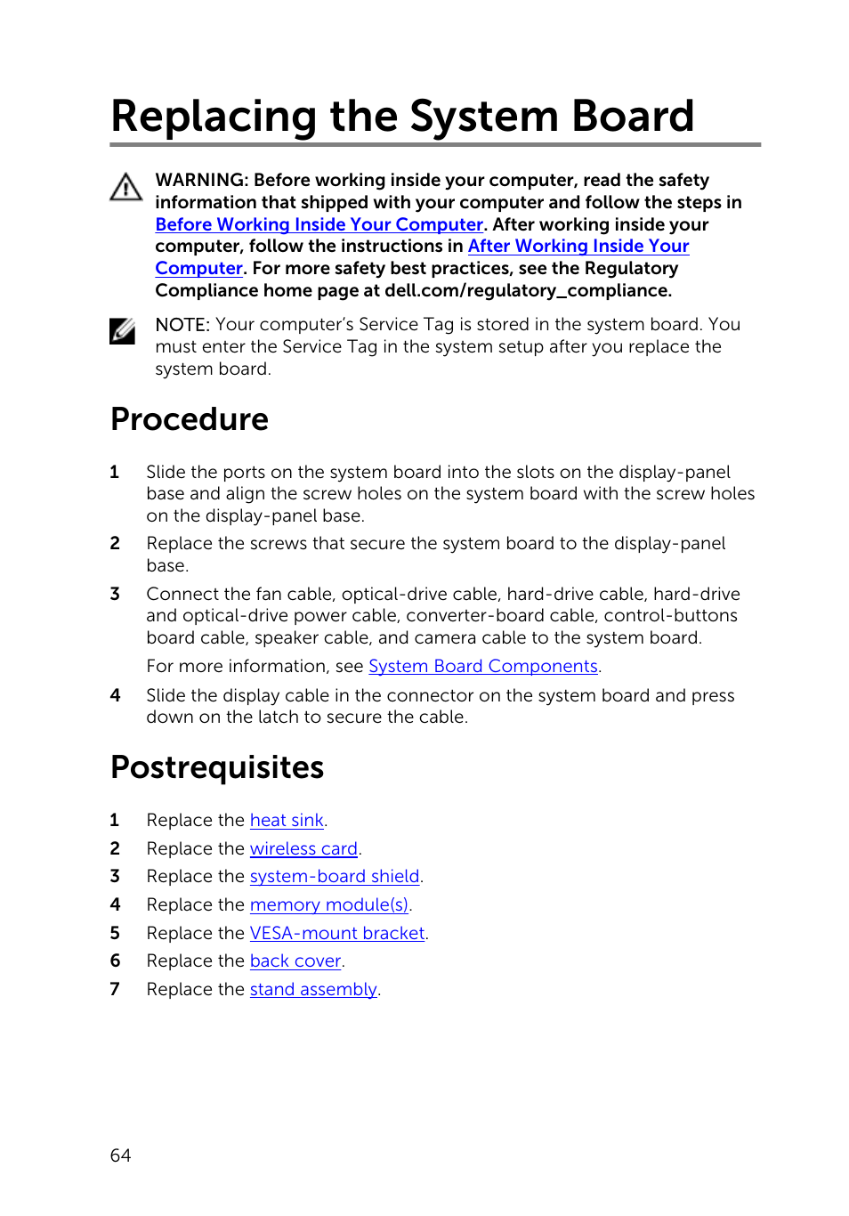 Replacing the system board, Procedure, Postrequisites | Dell Inspiron 20 (3045, Early 2014) User Manual | Page 64 / 80