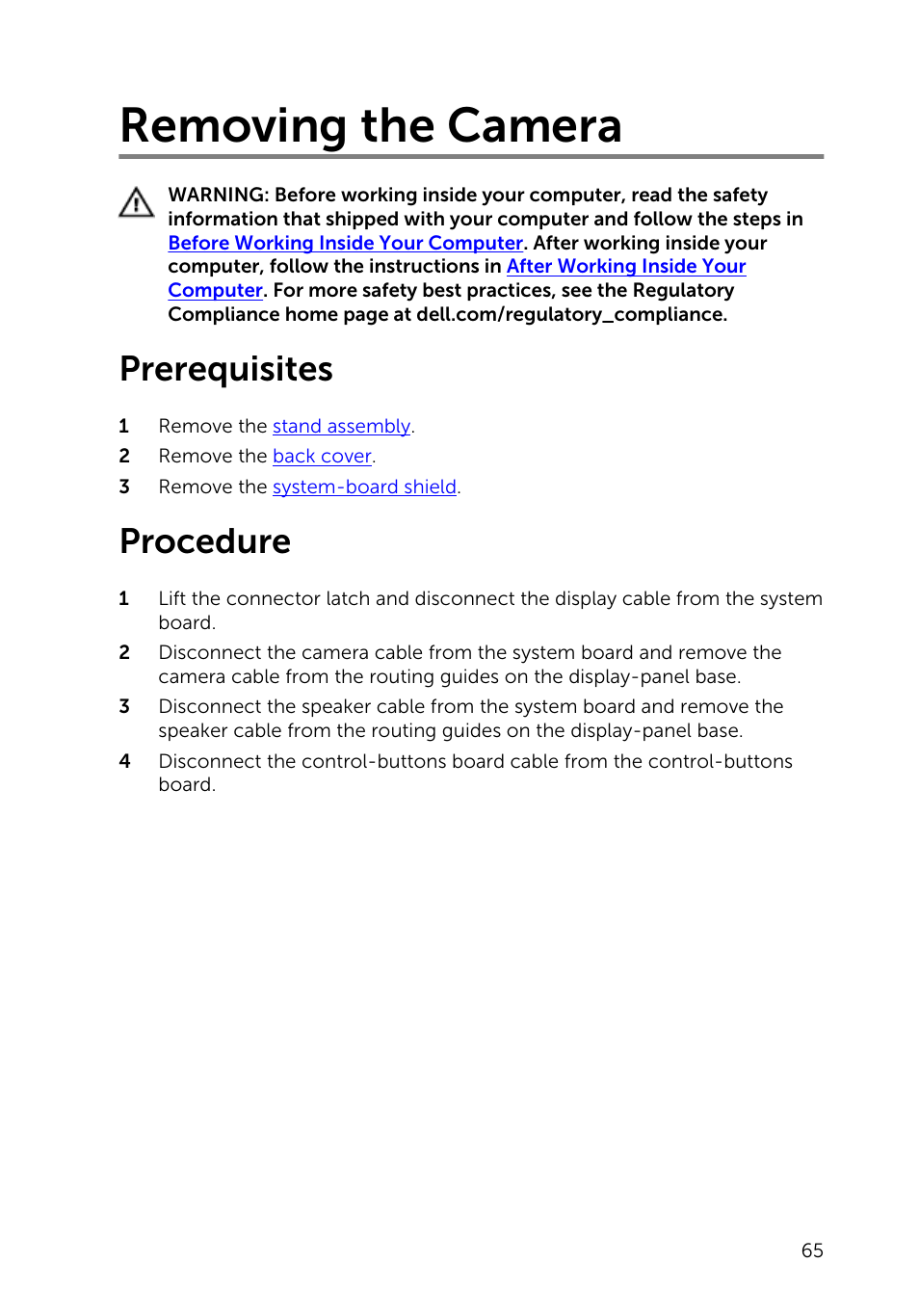 Removing the camera, Prerequisites, Procedure | Dell Inspiron 20 (3045, Early 2014) User Manual | Page 65 / 80