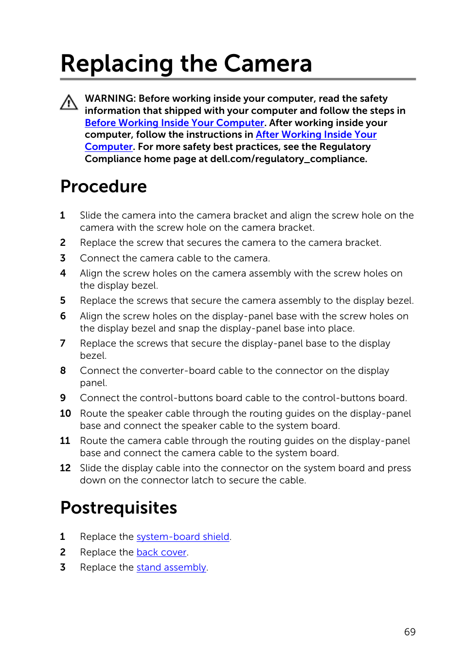 Replacing the camera, Procedure, Postrequisites | Dell Inspiron 20 (3045, Early 2014) User Manual | Page 69 / 80