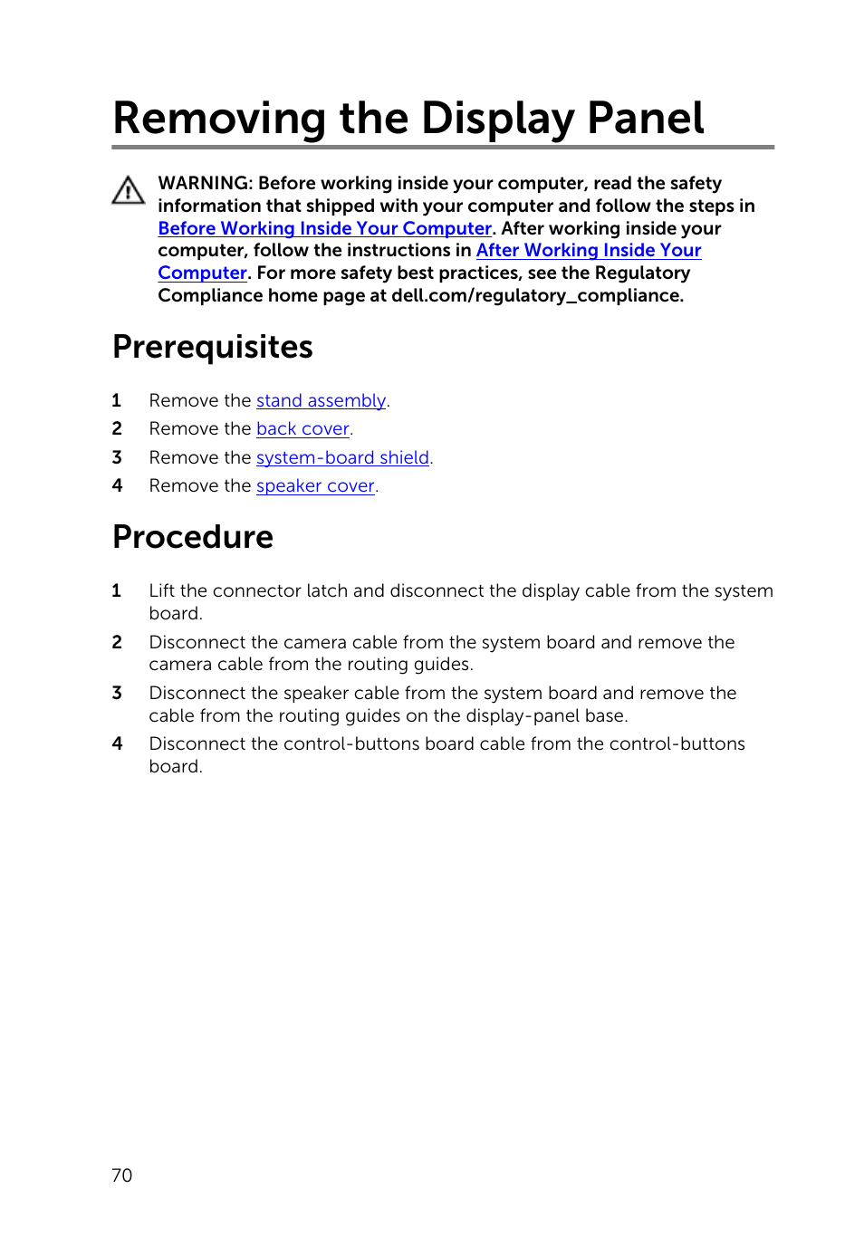 Removing the display panel, Prerequisites, Procedure | Dell Inspiron 20 (3045, Early 2014) User Manual | Page 70 / 80