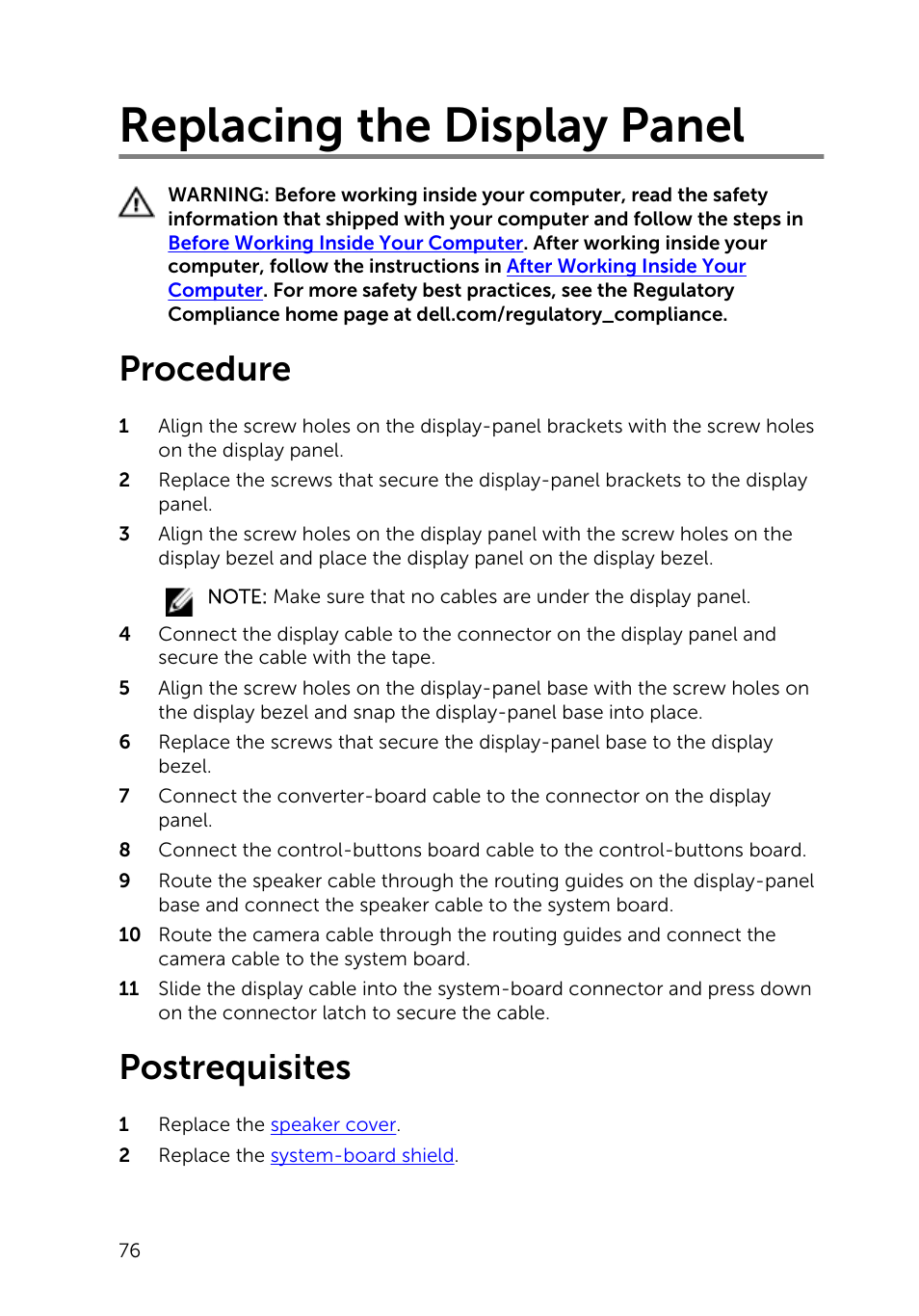 Replacing the display panel, Procedure, Postrequisites | Dell Inspiron 20 (3045, Early 2014) User Manual | Page 76 / 80
