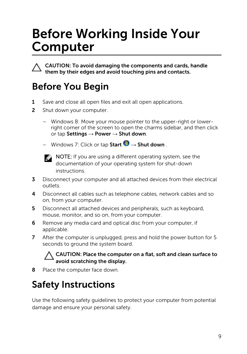 Before working inside your computer, Before you begin, Safety instructions | Dell Inspiron 20 (3045, Early 2014) User Manual | Page 9 / 80