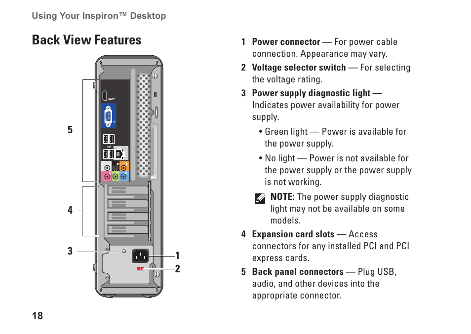 Back view features | Dell Inspiron 535s (Early 2009) User Manual | Page 20 / 66