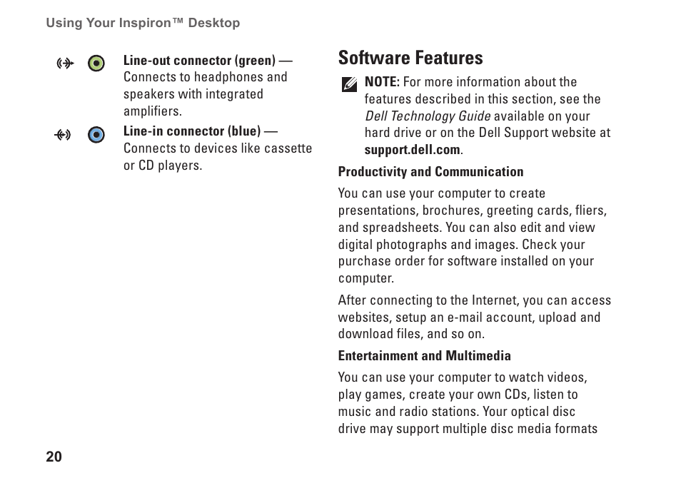 Software features | Dell Inspiron 535s (Early 2009) User Manual | Page 22 / 66