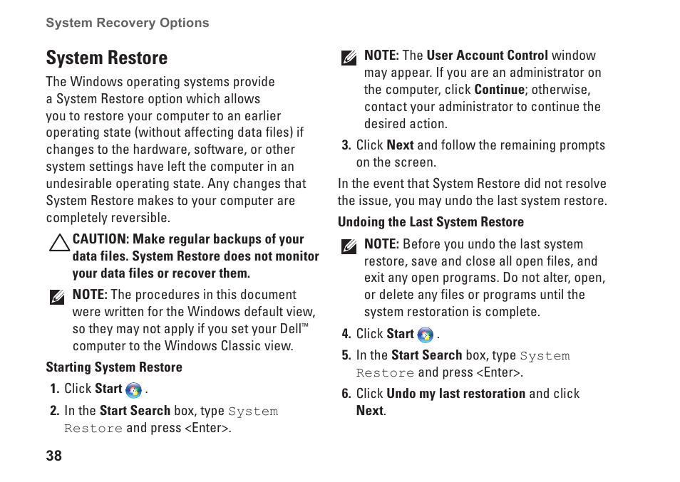 System restore | Dell Inspiron 535s (Early 2009) User Manual | Page 40 / 66