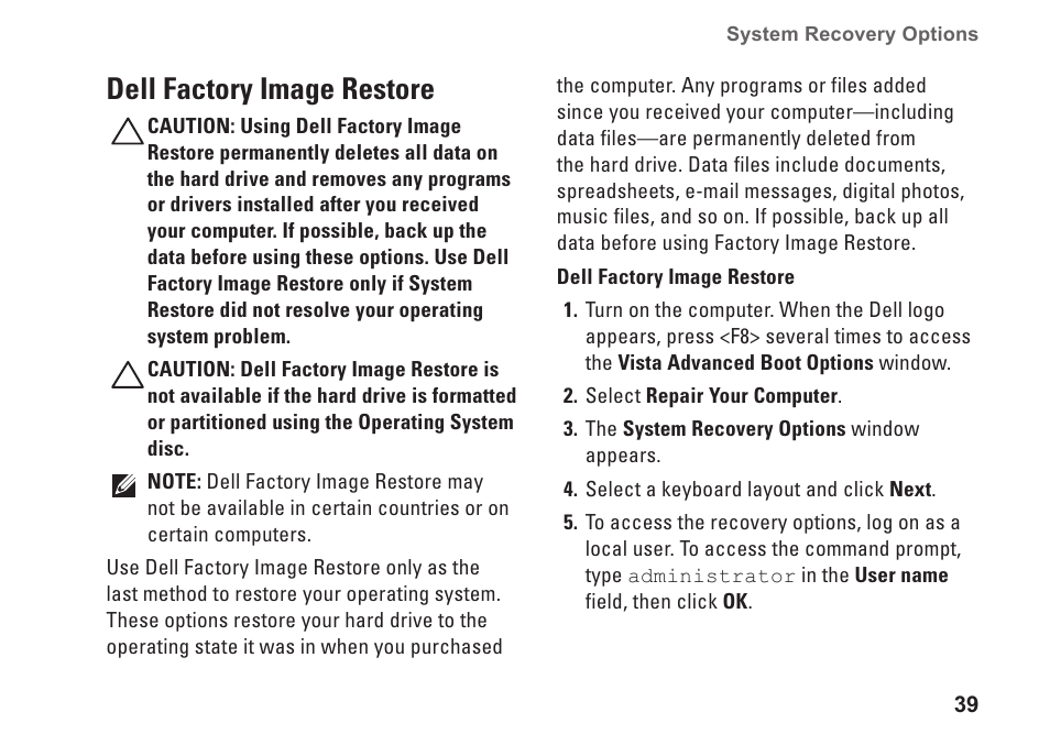 Dell factory image restore | Dell Inspiron 535s (Early 2009) User Manual | Page 41 / 66