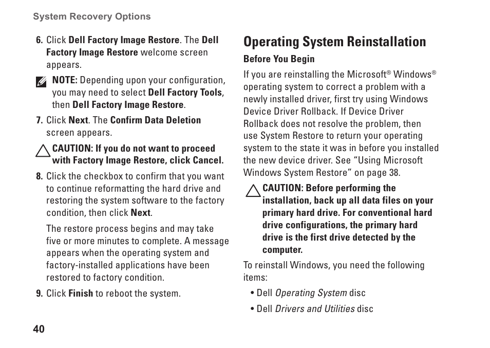 Operating system reinstallation | Dell Inspiron 535s (Early 2009) User Manual | Page 42 / 66