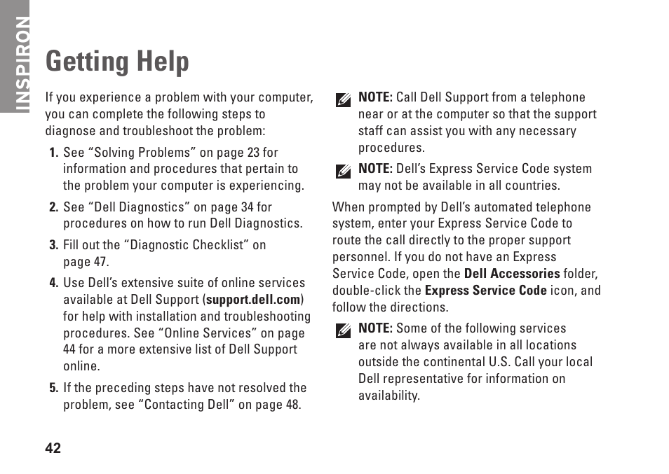 Getting help, Inspiron | Dell Inspiron 535s (Early 2009) User Manual | Page 44 / 66