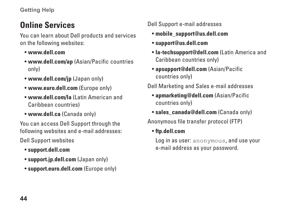 Online services, 44 for a more extensive list of dell support | Dell Inspiron 535s (Early 2009) User Manual | Page 46 / 66