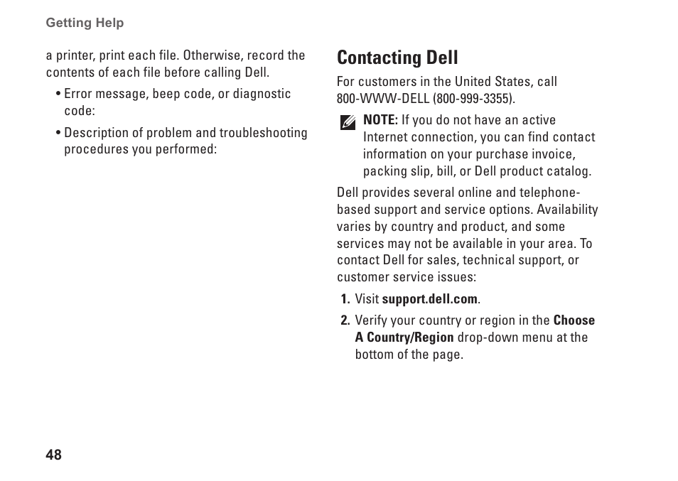Contacting dell, 48 for assistance, 48 for assistance) | Dell Inspiron 535s (Early 2009) User Manual | Page 50 / 66