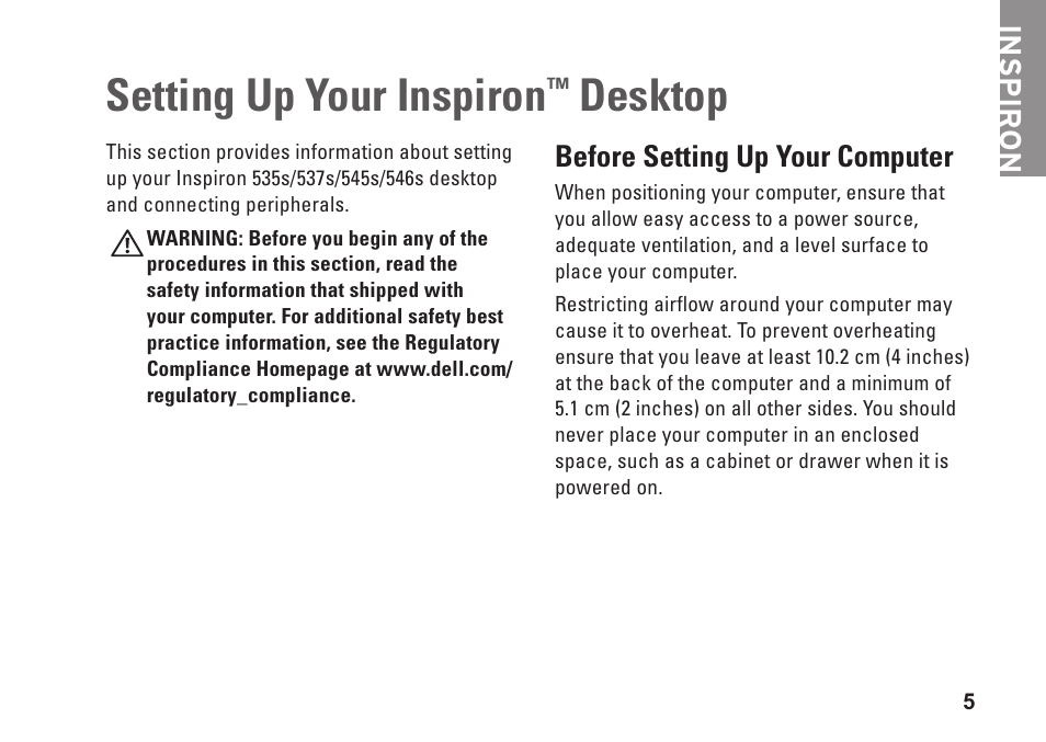 Setting up your inspiron™ desktop, Before setting up your computer, Setting up your inspiron | Desktop, Inspiron | Dell Inspiron 535s (Early 2009) User Manual | Page 7 / 66