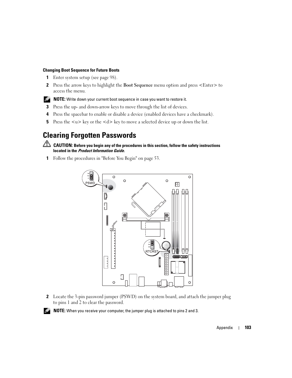 Clearing forgotten passwords | Dell Dimension 5100C User Manual | Page 103 / 128