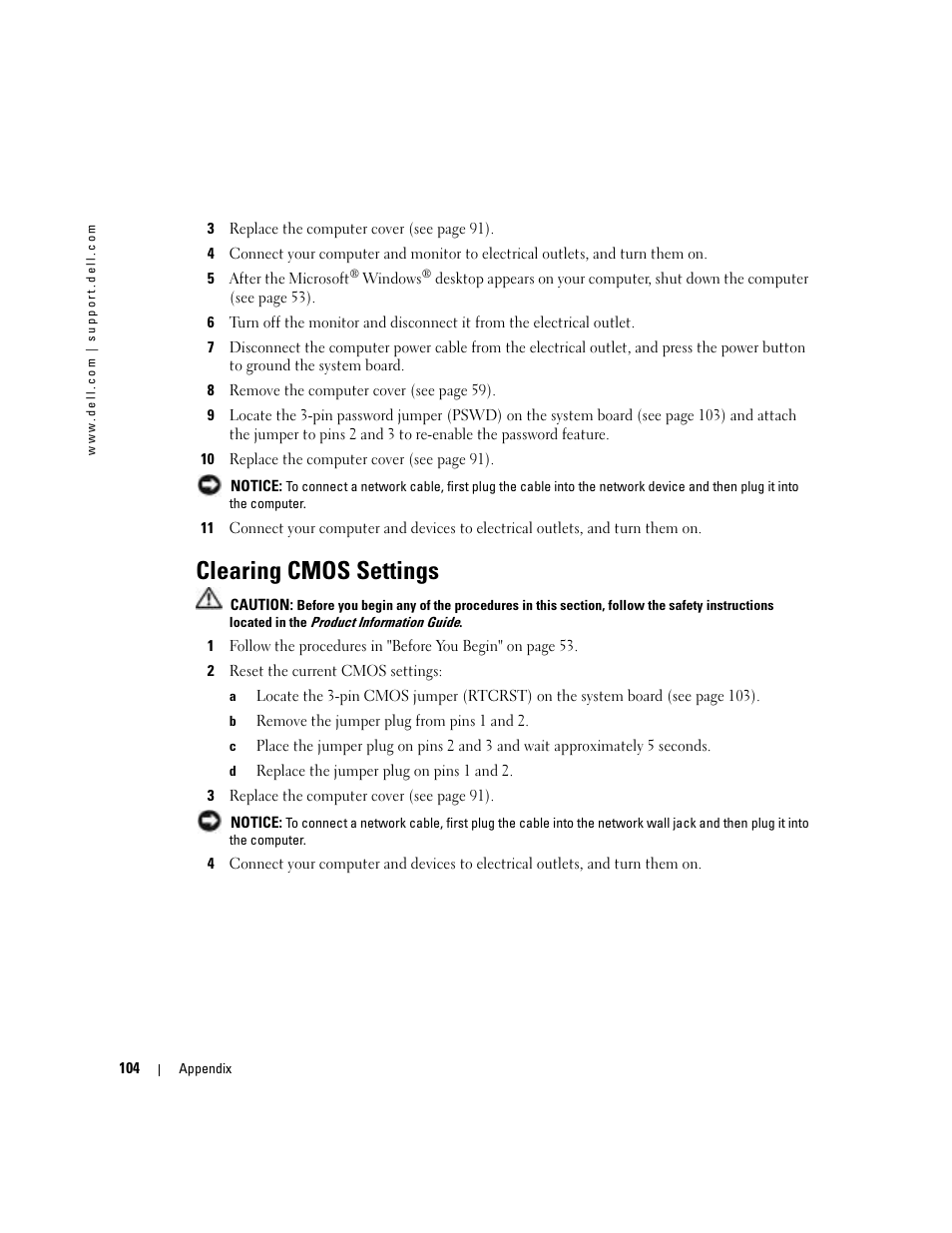 Clearing cmos settings | Dell Dimension 5100C User Manual | Page 104 / 128