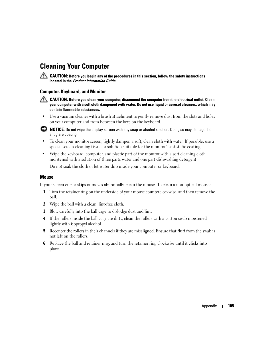 Cleaning your computer, Computer, keyboard, and monitor, Mouse | Dell Dimension 5100C User Manual | Page 105 / 128