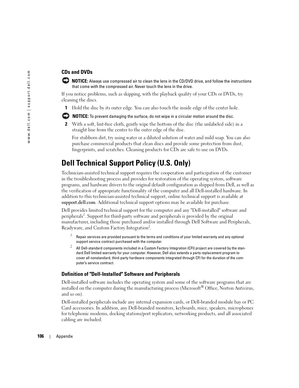 Cds and dvds, Dell technical support policy (u.s. only) | Dell Dimension 5100C User Manual | Page 106 / 128