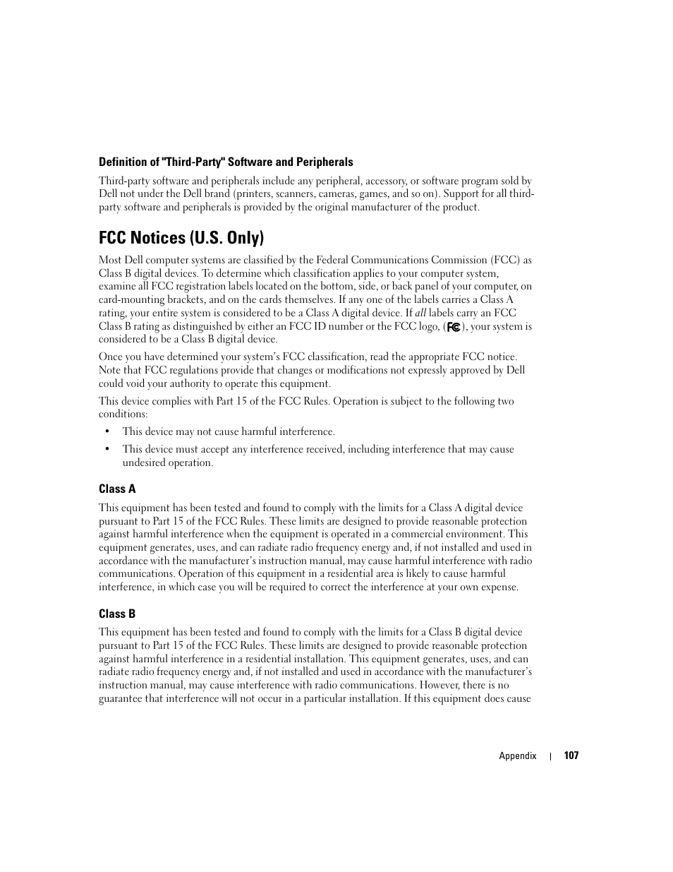 Fcc notices (u.s. only), Class a, Class b | Dell Dimension 5100C User Manual | Page 107 / 128