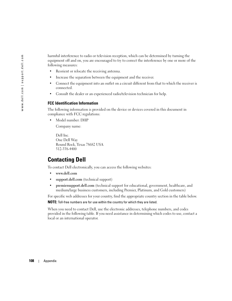 Fcc identification information, Contacting dell, Condition, contact dell (see | Dell Dimension 5100C User Manual | Page 108 / 128